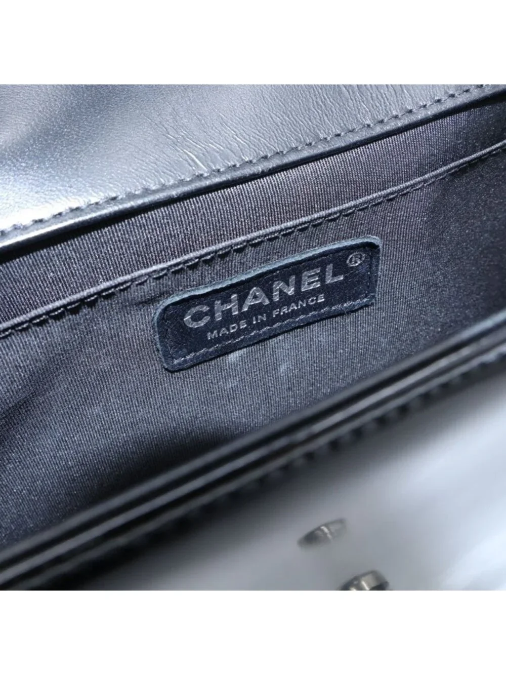 Chanel Boy Shoulder Bag Patent Leather Black Silver